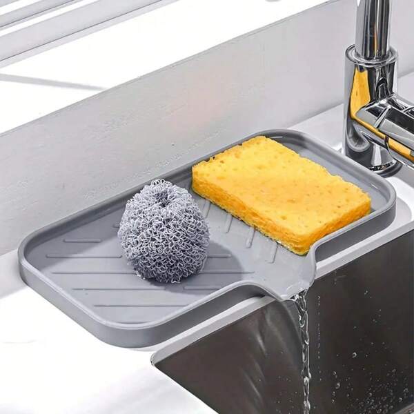 1 pezzo Portaoggetti da cucina in silicone, paraspruzzi per lavandino, filtro gocciolatoio per rubinetto in silicone, vassoio per dispenser di sapone per piatti e porta-spugna dietro il rubinetto, accessori da cucina piccoli, adatti per piani di lavoro in cucina e bagni