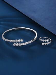 Bộ trang sức vòng tay & nhẫn 2 cái/bộ có thể điều chỉnh, đính đá Zirconia lớn rực rỡ, thiết kế trang nhã và thời trang, thích hợp làm quà tặng cho phụ nữ đeo trong cuộc sống hàng ngày và ngày lễ. - Bạc - Xem 6