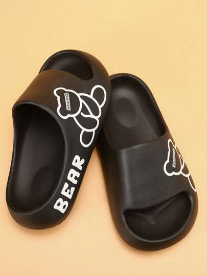 1 双儿童可爱熊图案 EVA 平底凉鞋，简约风格适合所有季节、沙滩、淋浴、休闲穿着