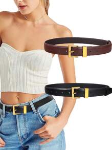 Women's Versatile PU Leather Belt, Matte Gold Color Buckle Waist Belt