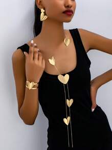 1 pieza/set de elegante y encantador juego de joyas dorado con forma de corazón que incluye aretes, pulsera y collar. Collar con llamativa cadena dorada en forma de Y y borlas, adecuado para mujeres en fiestas, eventos, uso diario y como regalo para ocasiones festivas