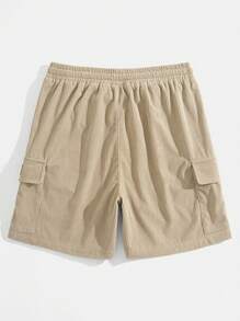 Men's Classic Corduroy Cargo Shorts, Multi-Pockets With Leather Tag, Drawstring & Color Block Design, Casual Fashion Streetwear For Summer, Bermuda Shorts