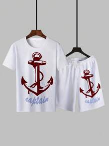 2pcs/Set Plus Size Men's Casual Anchor Print T-Shirt Suit, Suitable For All Seasons - White - View 3