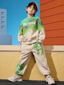 ASK JUNIOR 2件套男童渐变印花长袖连帽衫和裤子套装 - 綠色 - 查看 7