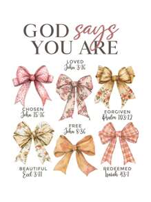 漂亮的蝴蝶结上帝说你是被爱选择的免费基督教圣经经文名言 DIY 熨烫热转印贴纸贴花补丁，适用于 T 恤、运动衫、织物、包和服装装饰、节日派对装饰，10 英寸 - 彩色 - 查看 4