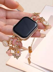 1 条 Apple Watch 表带 Apple Watch 表带女式金色和粉色手链，奢华蝴蝶水钻表带，兼容 Apple Watch 38/40/41/42/44/45/46/49mm，兼容 Apple Watch Ultra/SE/Series 10/9/8/7/6/5/4/3/2/1，带蝴蝶图案/雏菊/皇冠吊坠，伸缩抽绳设计，卡通可爱，时尚精致，可用作日常使用或生日礼物 - 玫瑰金 - 查看 7