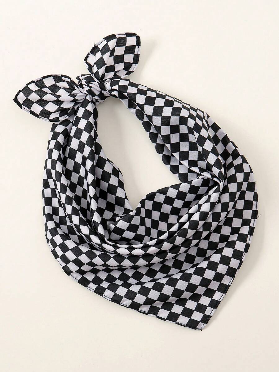1pc Fashionable Plaid Print Novelty Large Handkerchief Headband, Denim Bohemian Style, Suitable For All Seasons Scarf - 01-black and White Grid - View 1