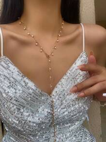 1pc Golden Wavy Stick Faux Pearl Y-Shape Blingbling Pendant Necklace, Valentines Gift, Sparkling Decoration For Parties, Deep V Sweater Chain, Birthday Present, Bohemian Style - Yellow Gold - View 1