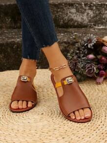 Women's Fashion Casual Color-Block Rhinestone Decorated Open Toe Flat Sandals, Beach Slippers