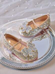 1 双女童水钻蝴蝶结平底鞋，儿童闪光公主软底防滑鞋，适合日常穿着、派对、舞蹈表演 - 金色 - 查看 2