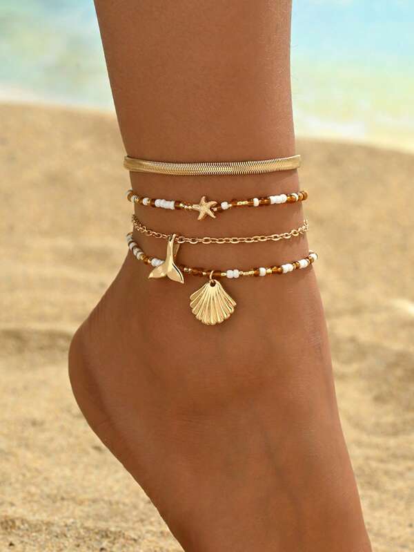 4 pièces/Set Bracelet de cheville en perles d'étoile de mer dorée fait main, style minimaliste épais en métal, pendentif coquillage, queue de poisson. Bijoux pour les pieds des femmes, convient pour les tenues quotidiennes et les voyages de vacances