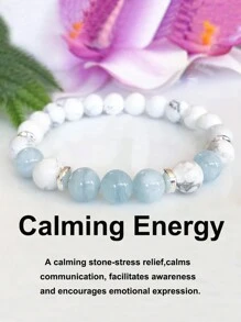 YAUKIA 1 件海蓝宝石 & 白玉 & 白纹石水晶手链，海蓝宝石疗愈玛拉宝石弹性手链，缓解焦虑镇静，增强直觉手链，水晶串珠手链，女士 - 彩色 - 查看 9