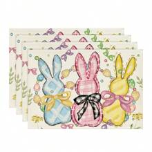 1pc/1set Crayon Drawing Rabbit Linen Placemats, Seasonal Kitchen Table Decor For Party, Banquet, Family Gathering, 12"X18"/13"X72" - Multicolor - View 11