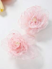 2 件套 女婴儿童淡粉色仿雪纺褶皱花朵发夹刘海发饰，日常使用，春夏