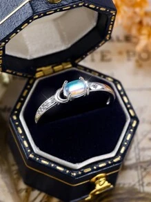 1 pieza Anillo de mujer de plata pura con estrella y piedra lunar ovalada elegante, regalo para fiesta/cumpleaños/aniversario