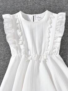 1 pieza Vestido elegante de niña con volantes, bajo asimétrico y flecos, de tela arrugada blanca, para verano - Blanco - Ver 4