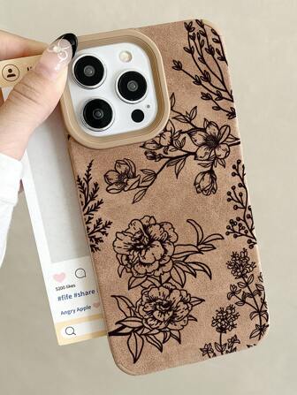 1 件精致仿皮羊皮纹理棕色穿孔手机壳，复古花卉图案极具吸引力的时尚礼物，兼容 11/12/13/14/15/16 PROMAX 防水防震防摔防刮