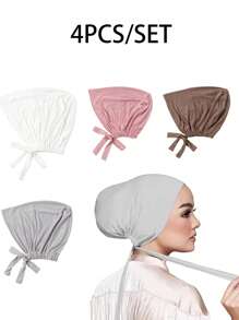 4pcs Women Plain Elastic Band Headscarf Set, Classic Inner Hijab For Multi-Occasion, Versatile Daily Use - 4PCS Strap Caps - View 3