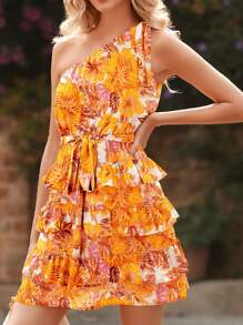 Women One Shoulder Floral Printed Short Dress Summer High Waist Tiered Layer A-Line Mini Dress Beach Holiday Vacation Dating Night Out Party Wedding Guest Valentine Dress Sundress - Màu vàng - Xem 4