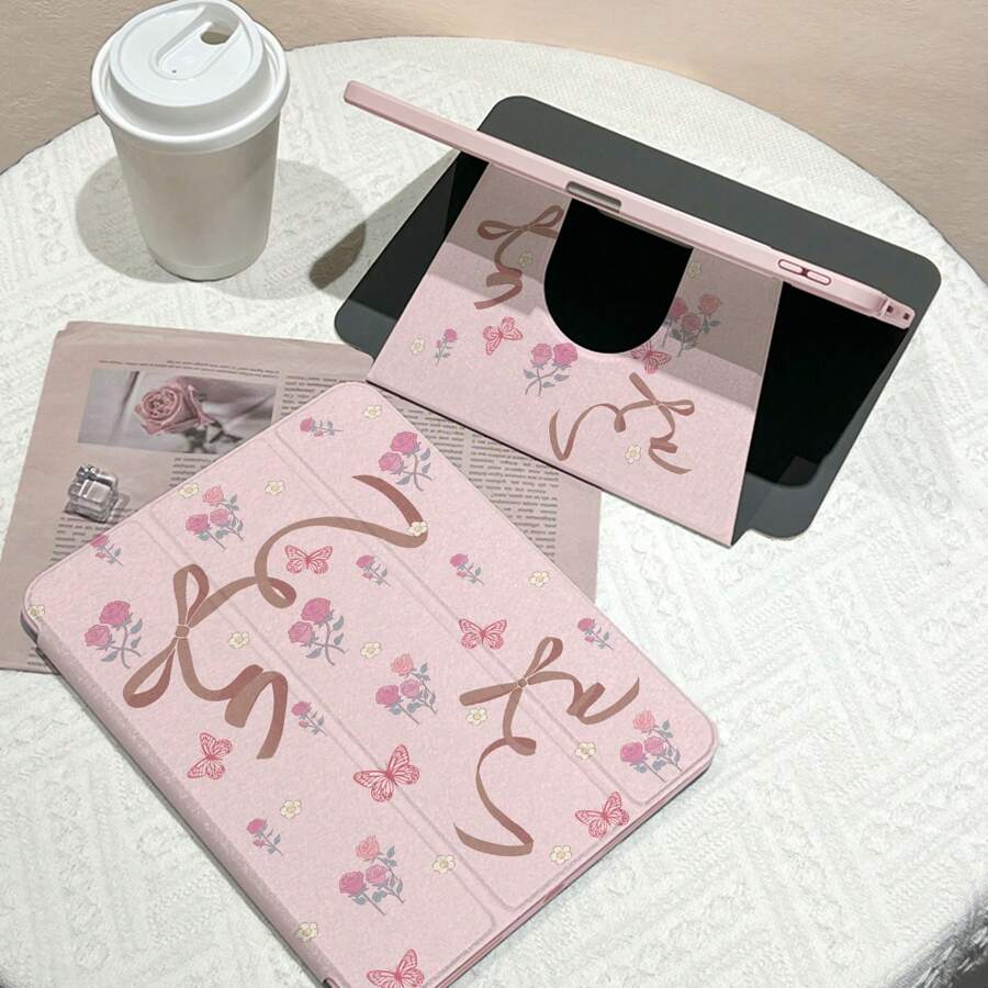 1 件，笔槽 + 720° 旋转苹果平板电脑保护套 Pro 2024 13 英寸/5/6/7/Pro 11 英寸 1st 2nd /Air6 2024 4th 5th Gen/8th /9th Gen/10th 代 LOGO 孔防摔防震，PU 皮革，自动唤醒/睡眠，粉色蝴蝶结天使图案，亚克力硬背板，硅胶软边设计，带支撑槽 iPad 保护套办公礼物 - 珊瑚粉 - 查看 1