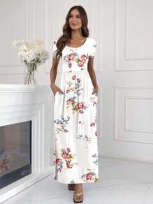 Maxi Dress For Women Short Sleeve Casual Summer Loose Plain Comfy Long Dresses With Pockets - trắng - Xem 1