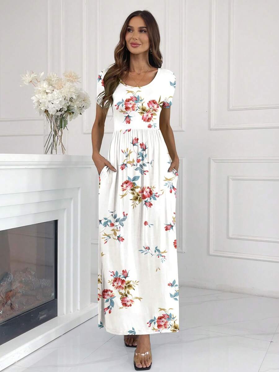 Maxi Dress For Women Short Sleeve Casual Summer Loose Plain Comfy Long Dresses With Pockets - trắng - Xem 1