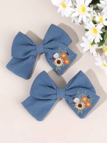 2 piezas Lazos para el cabello con bordado azul para niñas, Pasadores para el cabello con bordado de flor para niños, Pinzas de caimán de tela suave de color sólido, Accesorios para el cabello de niños - Multicolor - Ver 2