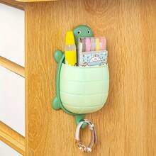 1pc Cute Yellow, Green And Grey Turtle Shaped Wall Mount Storage Box - Plastic, No Drilling Self-Adhesive Storage Box For Remote Controls And Accessories, Practical Hooks