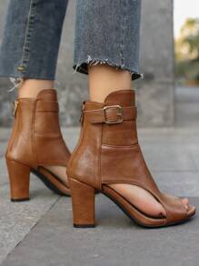 Fall/Winter Brown High-Top Sandals, Chunky High Heel Back Zipper PU Leather Open Toe Metal Buckle Women Shoes, Solid Color,Boots For Women - Brown - View 4