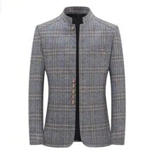 Men Casual Stand Collar Striped Jacket, Suitable For Spring & Autumn, Business Casual Blazer Outwear - Grey - View 1