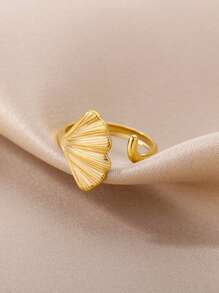 Delicados anéis de aço inoxidável com folhas de ginkgo e concha de sereia, cor dourada, duas folhas, franjas, anel aberto ajustável para mulheres, banhado a ouro 18K, à prova d'água, antidesbotamento, joias de casamento, férias, acessórios de uso diário, presentes para ela