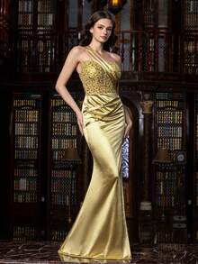 Faeriesty 优雅单肩串珠紧身胸衣开叉大腿晚礼服、派对礼服、婚礼宾客礼服、正式礼服