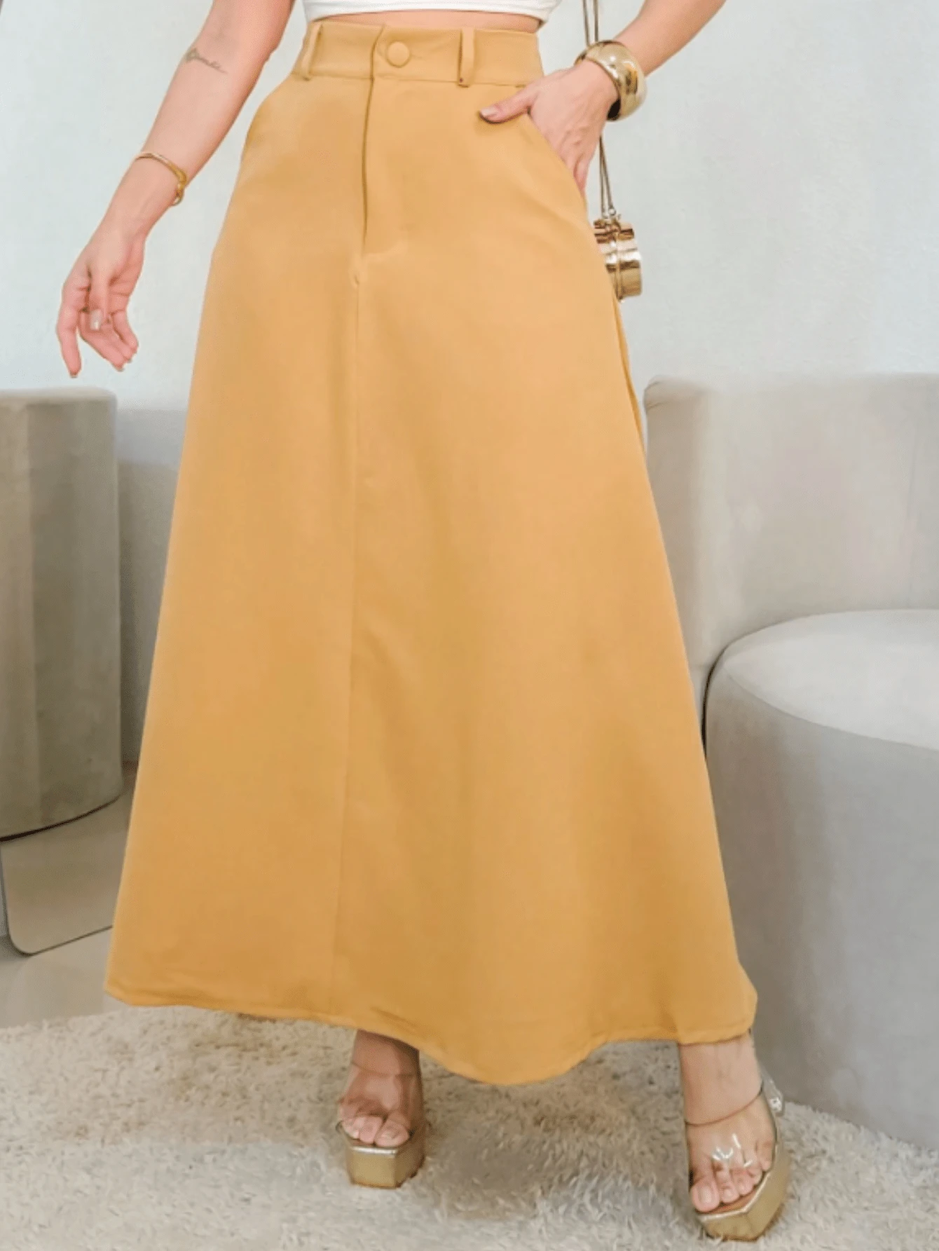 Long Plain High Waist Tailored Skirt With Belt - Marrón Mocha - Ver 1
