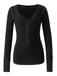 Women Y2k Long Sleeve Tops Slim Fit T-Shirt Contrast Color Scoop Neck Button Shirts Fairy Grunge Vintage Cotton Going Out Tops Aesthetic Clothes Streetwear Fall Spring Outfit - màu đen - Xem 8