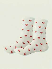 1 双女式白色 Ins Style 心形图案中筒袜，运动学院风，秋季