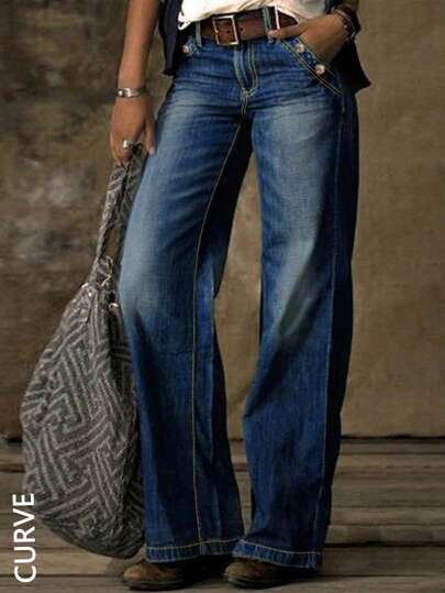 Plus Size Women Loose Casual Versatile Denim Jeans With Pockets