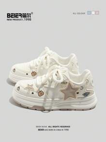 BEIER 女士休闲运动鞋，透气皮革系带低帮户外运动平底鞋