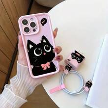 5 件/套黑猫粉色蝴蝶结手机壳 + 数据线保护套 兼容 Apple 快速充电线，兼容 iPhone11/12/13/13Promax/14/14Pro/14Plus/14Promax/15/15Pro/16/16Plus/16Promax/16Pro/15Promax XR XSM 保护壳套装 - 彩色 - 查看 4