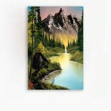 Framed Room Decor Bob Poster, Ross Inspired Canvas Wall Art, Nature Scenery Print, Vibrant Mountain Landscape With Lake And Cabin, Home Decor