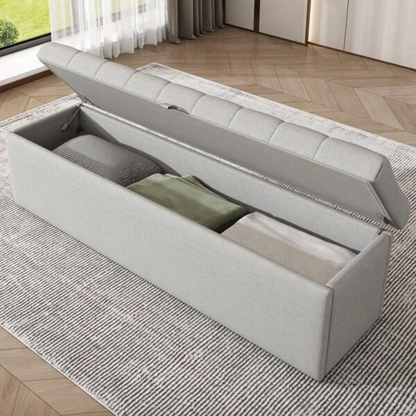 Leinen, Polsterbank, 141*41.5*47cm(L*W*H),Gepolsterte Sitzbank, Betthocker, Bank mit Stauraum, Hellgrau
