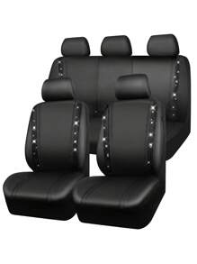 Shiny Crystal Rhinestone Car Seat Cover Set, Waterproof Faux Leather, Zipper At Back, Universal Crystal Glitter Strips, Suitable For Cute Girls, Silver,Car Seat Cover Full Set