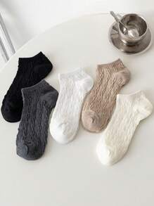 5 Pairs Women's Solid Color Simple Cable Knit Athletic Style Breathable Ankle Socks