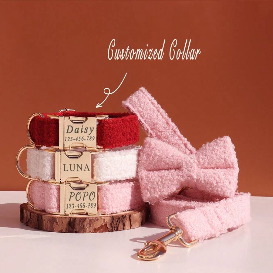 可定制毛绒狗项圈，带蝴蝶结、个性化姓名和联系信息 - 金属扣，柔软无害，可爱时尚宠物项圈适合小型、中型、大型犬 - 項圈和蝴蝶結 - 查看 1