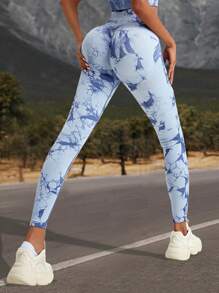 Summer Workout Women's Outdoor High Waist Tie-Dye Print Skinny Leggings, Butt Lifting Sports Fitness Cycling Yoga Pants, Light Blue, Slim Fit - Baby Blue - View 3