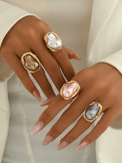 1pc Chunky Jewelry French Elegant Baroque Faux Pearl Asymmetrical Shaped Ring, Multi-Color Options, Vintage Alloy Rings, Fashion Accessory For Women, Adjustable Open Ring Size