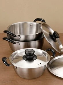 3-delige set instant noedelpannen van roestvrij staal (Koreaanse stijl, geschikt voor verschillende scenario's: restaurants, thuiskeukens, enz. Inclusief 3 verschillende maten pannen: klein als babyvoedings- of rijstpan, medium als instant noedelpan of soeppan voor koppels, groot als familiesoeppan en kleine hotpot)