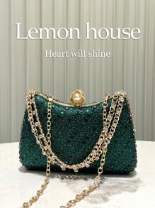 1pc Shiny Elegant Rhinestone Embellished Dark Green Clutch Bag, Fashion Lady's Graceful Handbag For Evening Party, Cocktail, Wedding, Banquet, Prom - Dark Green - View 3