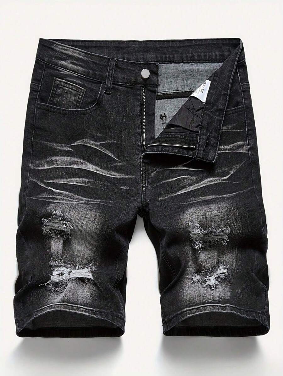 Men's Summer Distressed Cut-Out Frayed Vintage Wash Street Style Ripped 5" Denim Shorts Jorts - Black - View 1