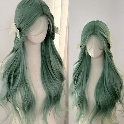 KATHARINE (Excluding Accessories)26 Inches Long U Part Lace Synthetic Heat-Resistant Hairpiece In Wavy Green Wig, Made From Fiber, Suitable For Daily Use Halloween Party