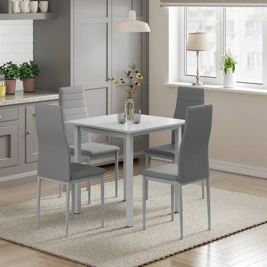 Grey Dining Table And Chairs Set, Square Dining Table With 2/4 Faux Leather Chairs For Dining Room Kitchen Home - Dining Table With 4 Gray Chairs - View 1